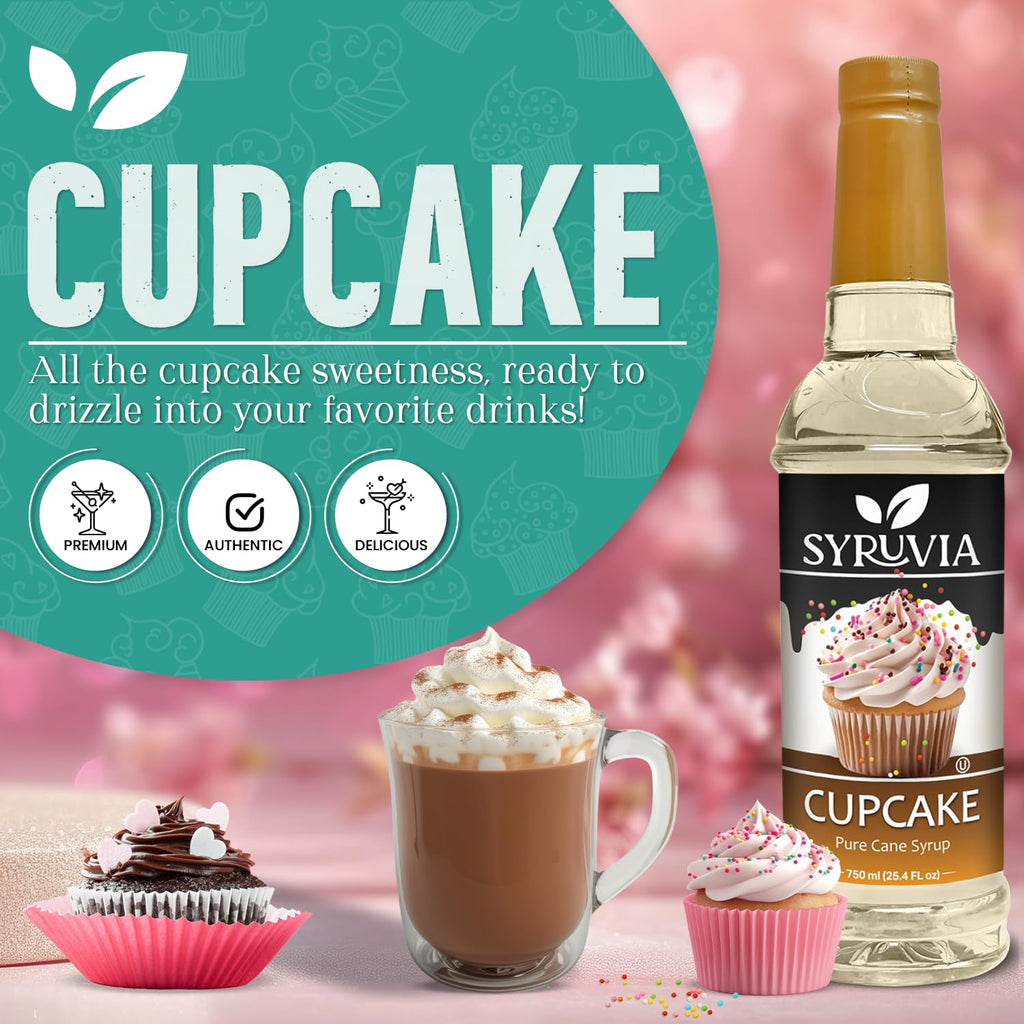 Syruvia Cupcake Coffee Syrup - 25.4 fl oz - Kosher Syrups, Gluten Free, No Coloring, Perfect for Drinks, Soda, Shakes, Desserts, and More.