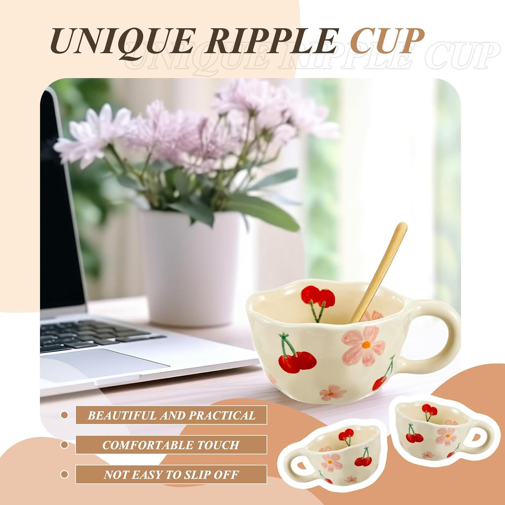Vesici 2 Pcs Ceramic Coffee Mugs Flower Cups with Spoon Vintage Floral Mugs with Handle 8.5 oz Aesthetic Tea Porcelain Cup Gift for Valentine Office Home, Dishwasher and Microwave Safe(Cherry)