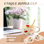 Vesici 2 Pcs Ceramic Coffee Mugs Flower Cups with Spoon Vintage Floral Mugs with Handle 8.5 oz Aesthetic Tea Porcelain Cup Gift for Valentine Office Home, Dishwasher and Microwave Safe(Cherry)