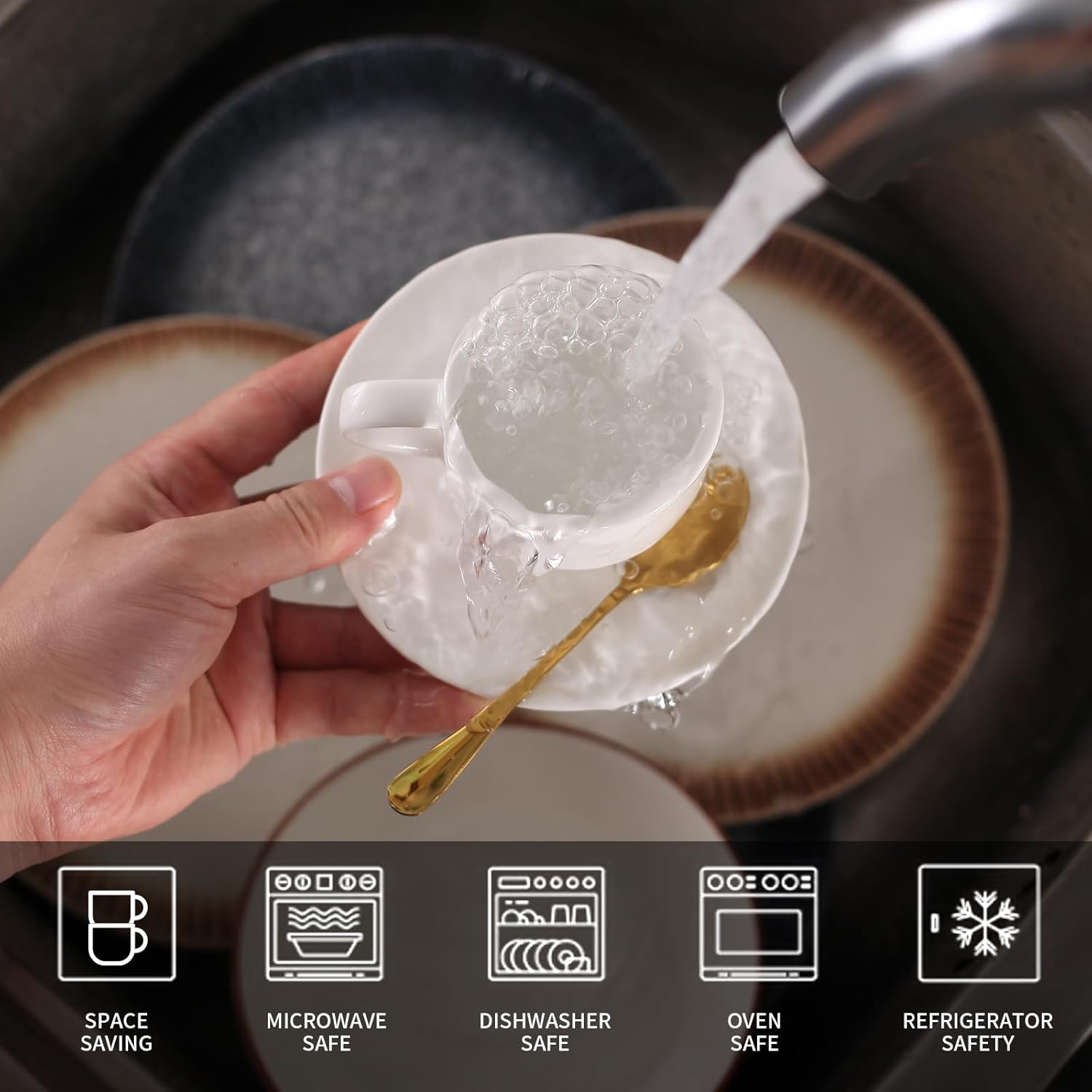 Lareina 3-Ounce Espresso Cups with Saucers, Spoons and Metal Stand, Small Stackable Coffee Cups Set of 4, Ceramic Demitasse Mugs, White