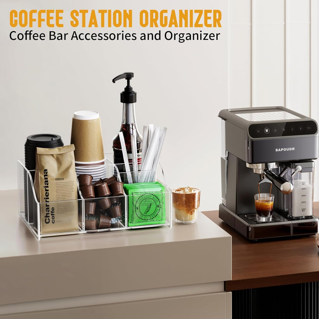 Acrylic Coffee Bar Organizer Station - Multiple Compartments - Kitchen Bar Tools Storage Rack - Beverage Station Organizer for Coffee Creamer Syrup