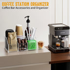 Acrylic Coffee Bar Organizer Station - Multiple Compartments - Kitchen Bar Tools Storage Rack - Beverage Station Organizer for Coffee Creamer Syrup