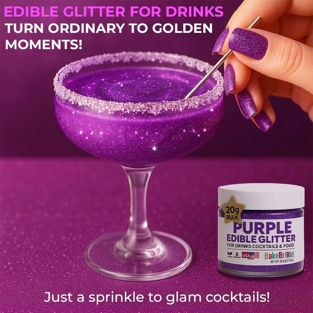 Bulk 20g Purple Edible Glitter for Drinks | Premium Edible Glitter for Cakes, Cocktails, Purple Cake Decorating Decorations Food Grade, Vegan, Kosher, Halal, Gluten Free - Made in USA