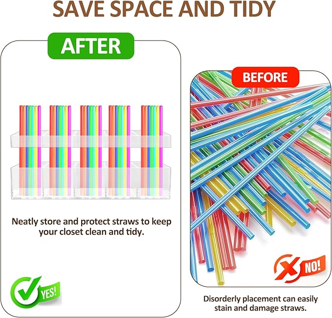 9.8” Acrylic Straw Holder with Double Sided Adhesive Tape Reusable Tumbler Straw Organizer Storage Container for Counter Cabinet Cupboard Kitchen( Large)