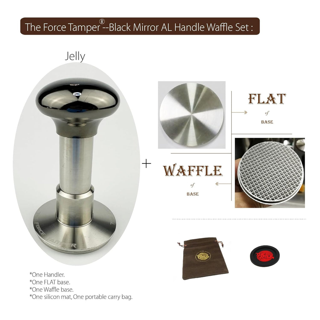 The Force Tamper Automatic Impact Adjustable Constant Pressure and Autoleveling Coffee Tamper Black Mirror Jellyfish AL Handle Set Pro (Waffle-Set, 58.50mm)