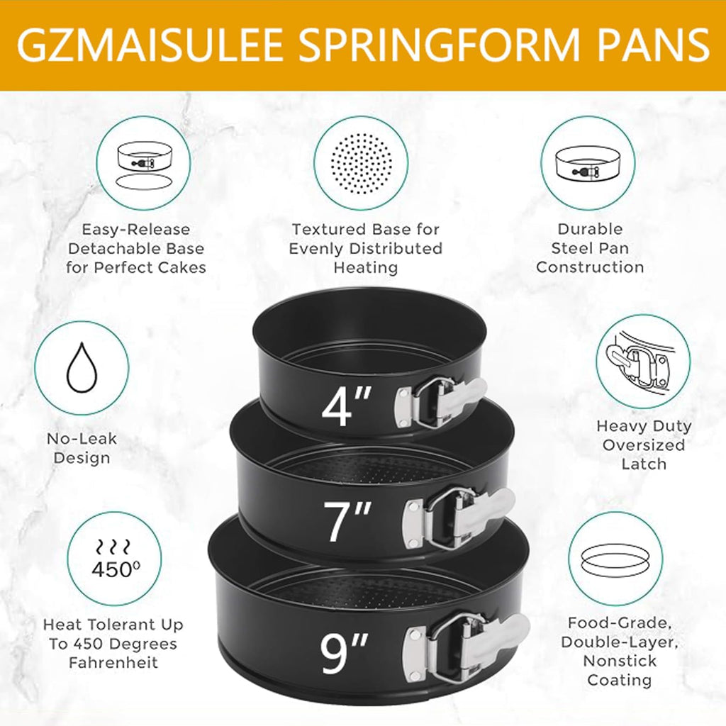 Springform Cake Pan Set of 3 (4, 7, 9 Inch) Round Leakproof Nonstick Cheesecake Pans with Removable Bottom Carbon Steel Bakeware