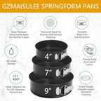 Springform Cake Pan Set of 3 (4, 7, 9 Inch) Round Leakproof Nonstick Cheesecake Pans with Removable Bottom Carbon Steel Bakeware