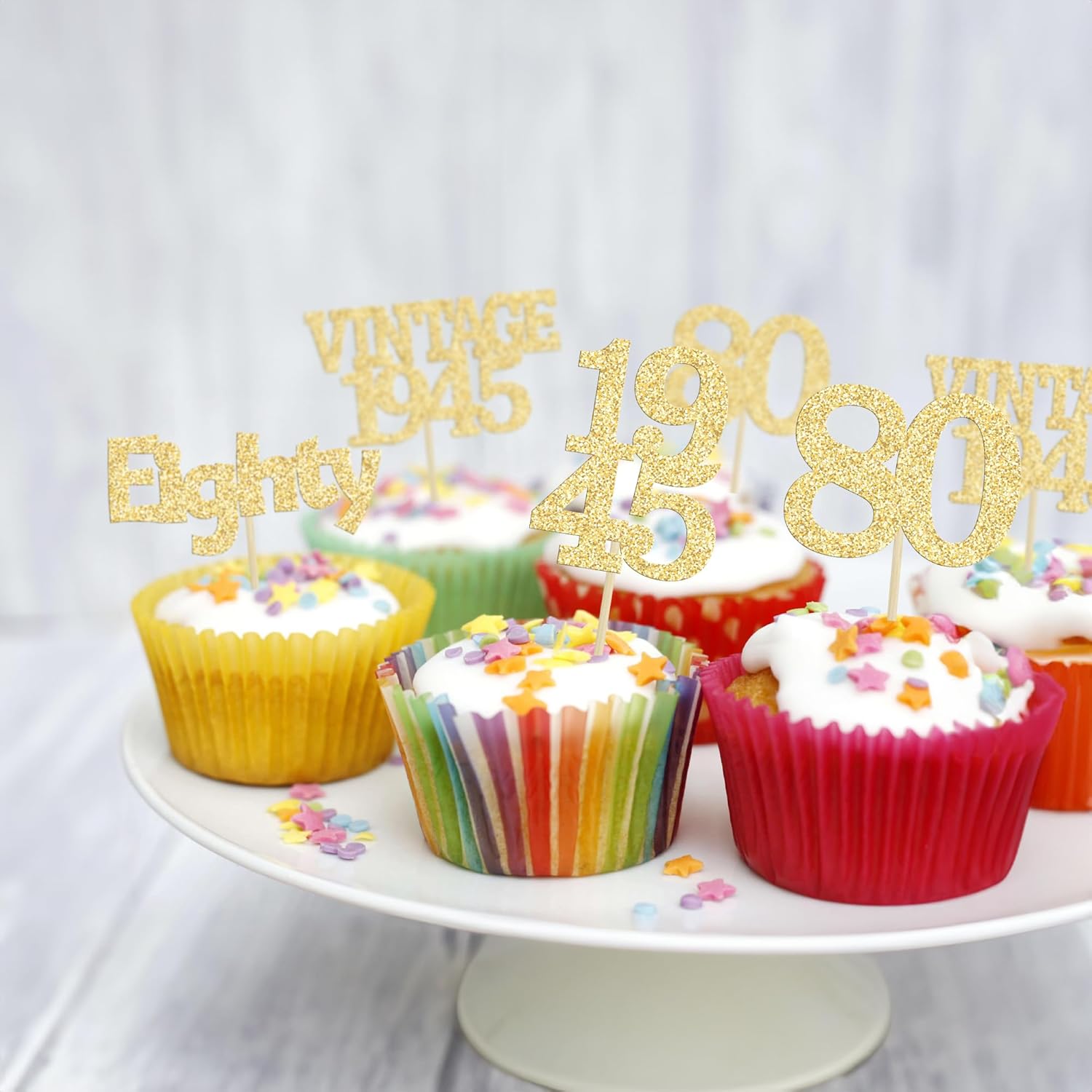 Gyufise 24Pcs 80th Birthday Cupcake Toppers Glitter Cheers to 80 Fabulous Eighty Vintage 1945 Cupcake Picks 80th Birthday Wedding Anniversary Party Cake Decorations Supplies Gold