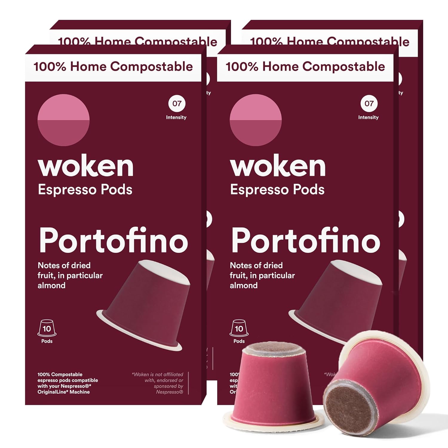 WOKEN COFFEE Compostable Nespresso Pods - Portofino Medium Roast Italian Espresso Coffee Capsules Compatible With Nespresso Coffee Machine (40 Pod Count, 4 Boxes)