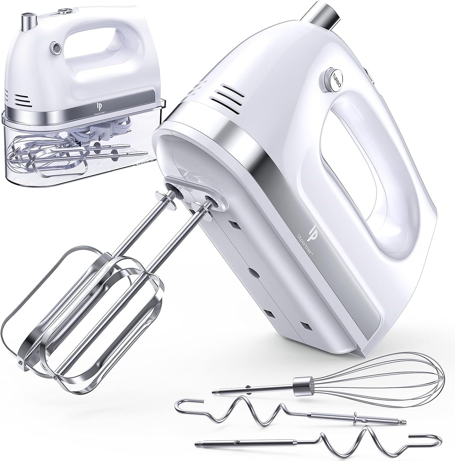 Hand Mixer Electric, 400W Food Mixer 5 Speeds Handheld Blender, 5 Stainless Steel Accessories, Storage Box, Kitchen Blender with Cord for Cream, Cookies, Dishwasher Safe, White