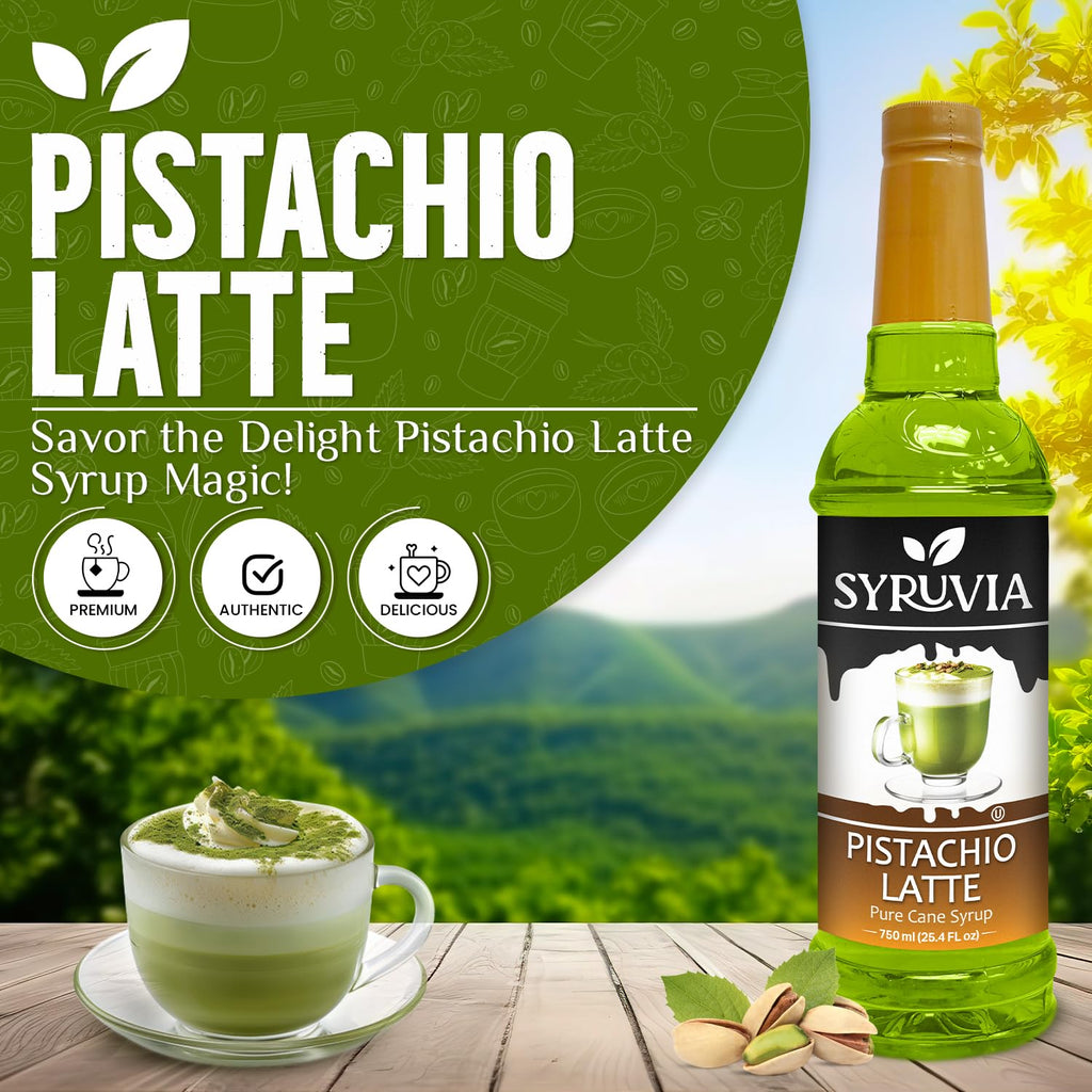 Syruvia Pistachio Latte Syrup for Coffee 25.4 fl oz - Kosher, Gluten-Free, Ideal for Elevating Your Culinary and Beverage Adventures