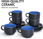 MIAMIO - 2.5 oz Espresso Cup Set with Saucers Coffee Mug Set of 6 - Ceramic Coffee Mug Stackable Espresso Mug with Stand for Coffee Drinks, Latte, Cafe Mocha - Le Papillon Collection (Blue)