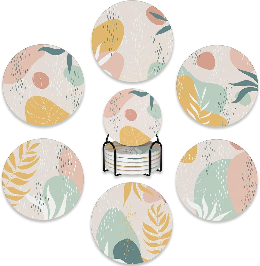 Drink Coasters Set of 6 with Holder,Abstract Dots and Leaves Absorbent Ceramic Coasters with Cork Base,Fit All Cups,Tabletop Protection Mat for Mugs and Cups,Office,Kitchen