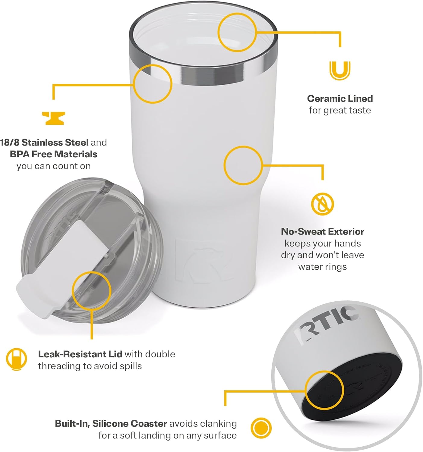 RTIC 20oz Essential Tumbler with Lid, Insulated, Stainless Steel, Metal, Double Wall Vacuum-Insulation, Ceramic Lined, Travel Cup for Iced Coffee, Tea, Hot and Cold Drink, White