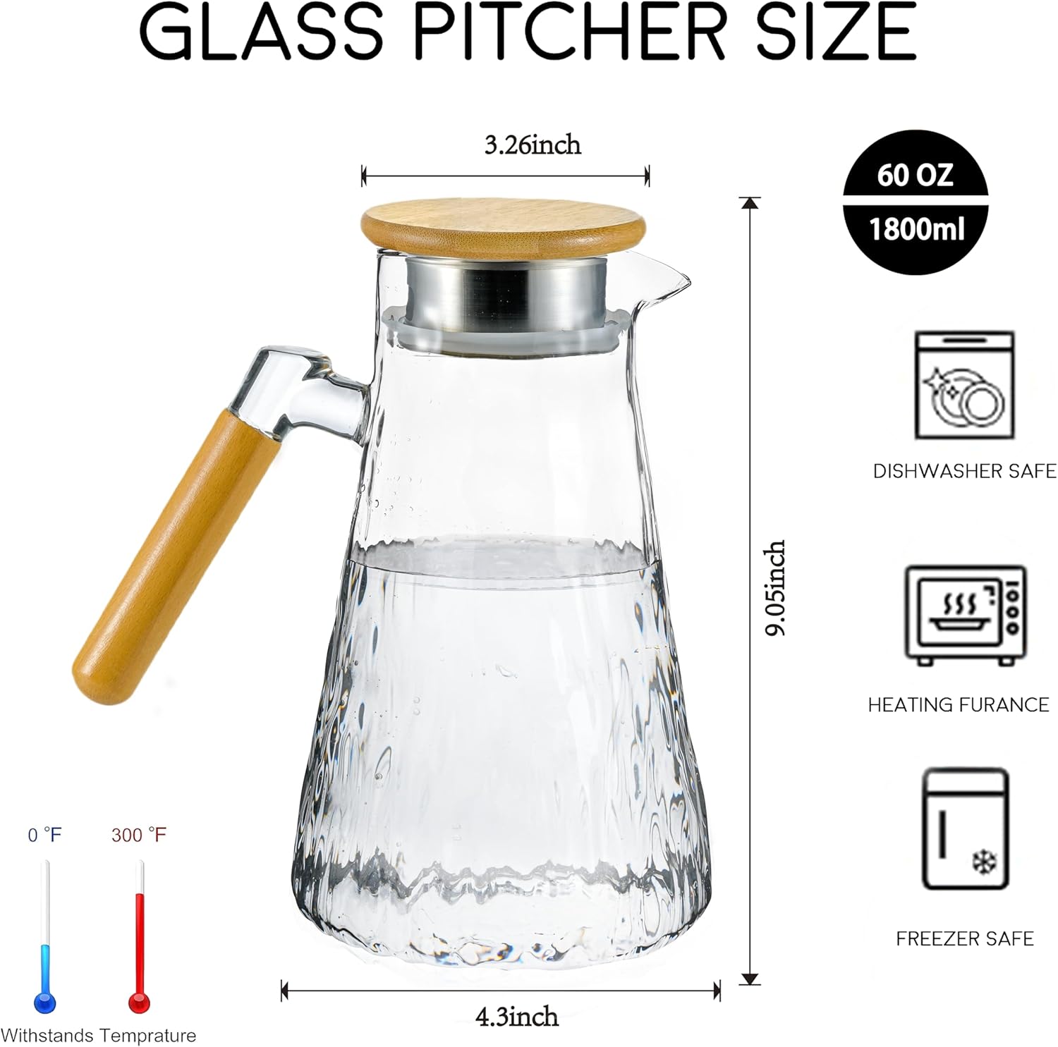 Glass Pitcher, 60 oz 1.8 Liter Glass Water Pitcher with Lid,Hand Blown Iced Tea Pitcher for Fridge,for Juice, Coffee, Milk, Cold or Hot Beverages, Heat Resistant