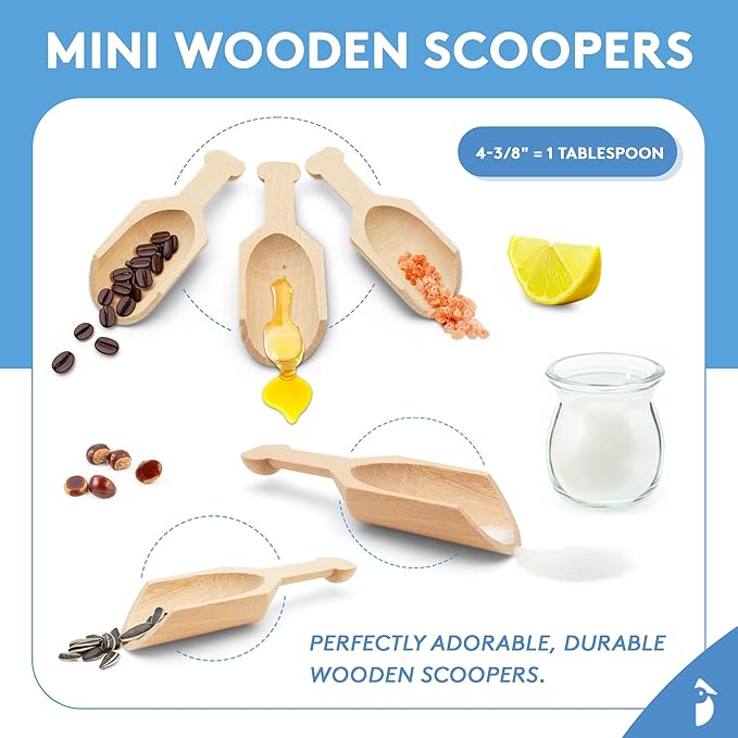 Small Wooden 1 Tablespoon Scoops for Food Canisters & Jars, Table Spoons Measuring Spoon, Wood Manuka Honey Bath Salts, & Coffee Scoop, Mini Candy Scoops for Candy Buffet, Pack of 50 by Woodpeckers
