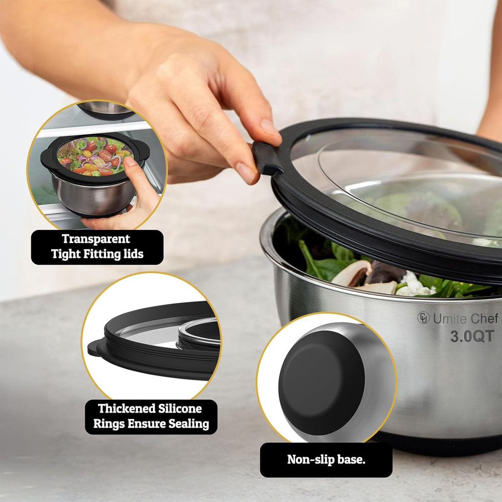 Mixing Bowls with Lids Set - Non-Slip, Airtight Warp-Proof TPR-AS Lids, Thicker Stainless Steel Bowls, Measurement Lines & 3 Graters, Prep Meal Bowl, Black Nesting Bowl for Kitchen, 5/3/2/1.5/0.63QT