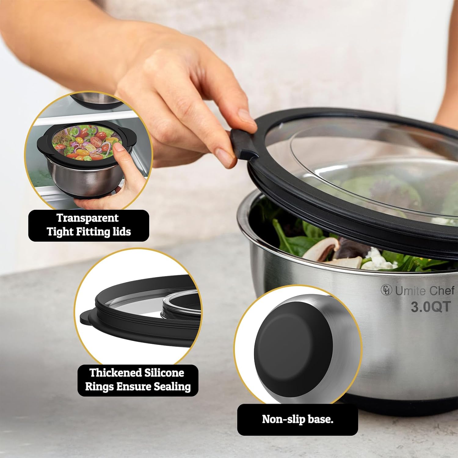 Mixing Bowls with Lids Set - Non-Slip, Airtight Warp-Proof TPR-AS Lids, Thicker Stainless Steel Bowls, Measurement Lines & 3 Graters, Prep Meal Bowl, Black Nesting Bowl for Kitchen, 5/3/2/1.5/0.63QT