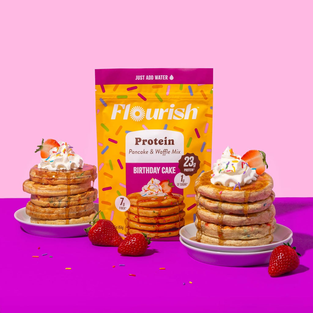 Flourish Protein Pancake & Waffle Mix, with Whey Protein & Flax Seed, No Added Sugar, High in Protein & Fiber - Just Add Water - Birthday Cake Flavour, 430 g (2 Pack) - Made in Canada