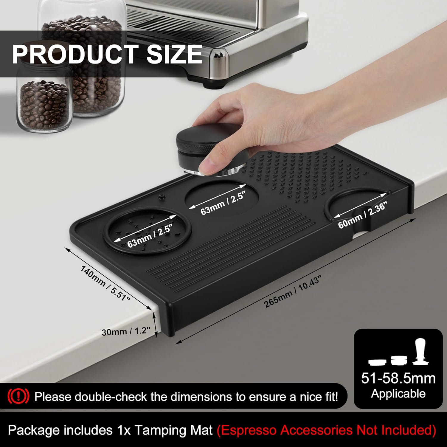 VOCOSTE Espresso Tamping Mat, Non-Slip, Prevents Portafilters from Damaging the Counter, Silicone 10.43"x5.51" Coffee Tamper Mat for Barista Espresso Machine Accessories, Black