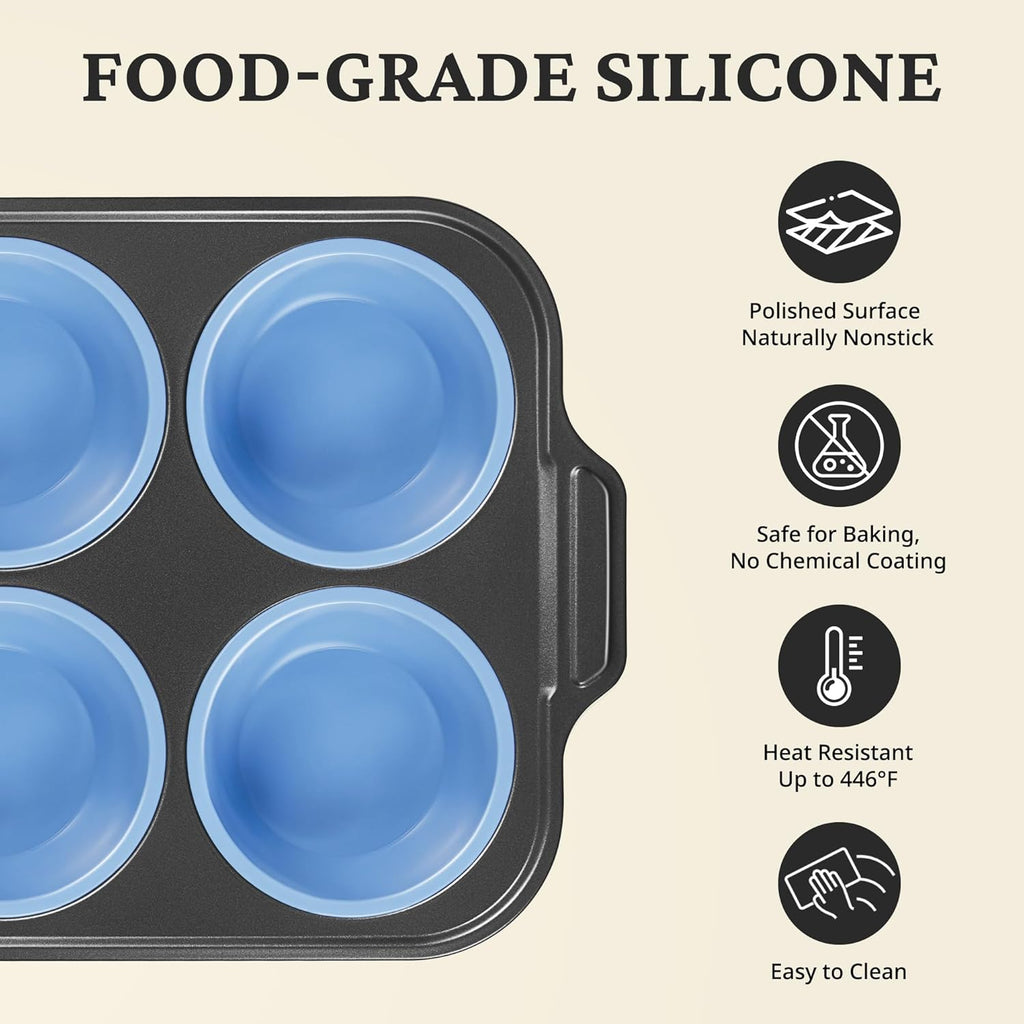 BRONYPRO Jumbo Silicone Muffin Pan with Metal Frame, 3.5" Large Muffin Tins, Non-Toxic Food Grade Silicone, Non-Stick for Egg Bites & Big Cupcakes, Oven Safe, Blue