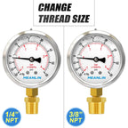 MEANLIN MEASURE -30inHG~60Psi Stainless Steel 1/8" NPT 2.5" FACE DIAL Vacuum Pressure Gauge, Lower Mount, with 1/4" NPT and 3/8" NPT Hex Bushing