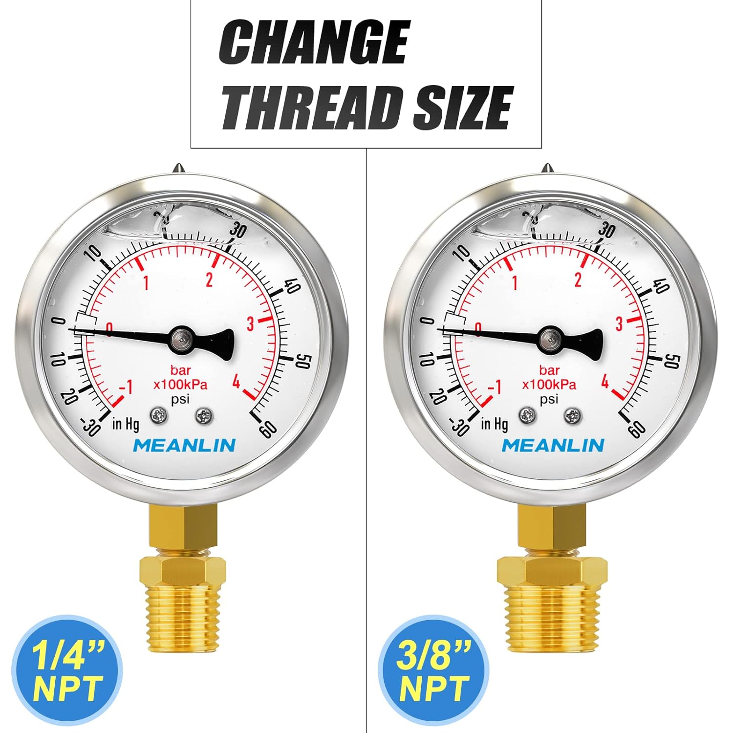 MEANLIN MEASURE -30inHG~60Psi Stainless Steel 1/8" NPT 2.5" FACE DIAL Vacuum Pressure Gauge, Lower Mount, with 1/4" NPT and 3/8" NPT Hex Bushing