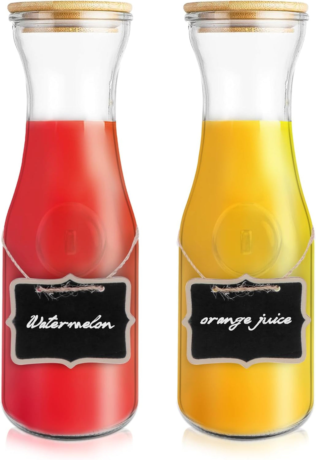 Glass Carafe with Bamboo Lid,35 Oz Beverage Dispensers Carafe,Mimosa Bar Supplies,Juice Bottles, Clear Glass Pitcher with Name Labels for Iced Tea,Coffee,Juice(Pack of 2)