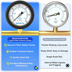 MEANLIN MEASURE 0~30Psi Stainless Steel 1/4" NPT 2.5" FACE DIAL Liquid Filled Pressure Gauge, Center Back Mount (with Rubber Protective Sleeve), with 1/2" NPT and 3/8" NPT Hex Bushing