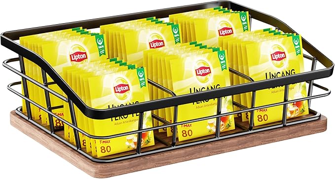 Tea Bag Organizer, Tea Bag Holder Storage with 6 Slots Iron Wire Basket with Wooden Base, Tea Bar Accessories for Countertop Cabinet Drawer, Tea Station for Coffee Capsules Creamer Sweetener Sugar