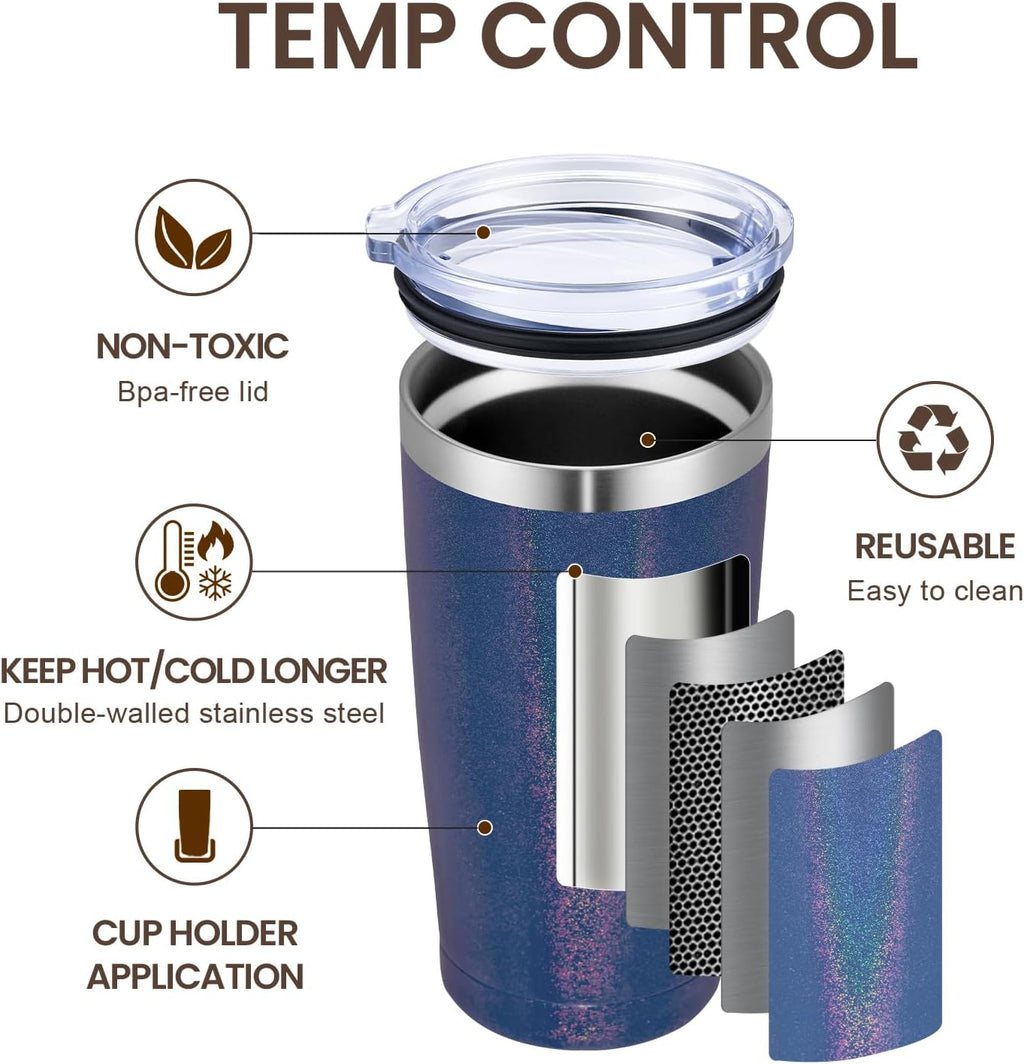 MEWAY 20oz Tumbler Double Wall Vacuum Insulated Travel Glitter Mug,Stainless Steel Tumblers with Lid and Straw, Powder Coated Coffee Cups for Woman (Rainbow Navy,1)