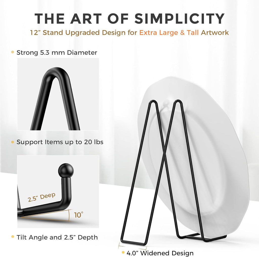 TR-LIFE 12 Inch Plate Stands for Large Heavy Duty Display - Metal Picture Frame Holder Stand + Table Top Easels for Decorative Platter, Book, Plaque, Photo (2 Pack)
