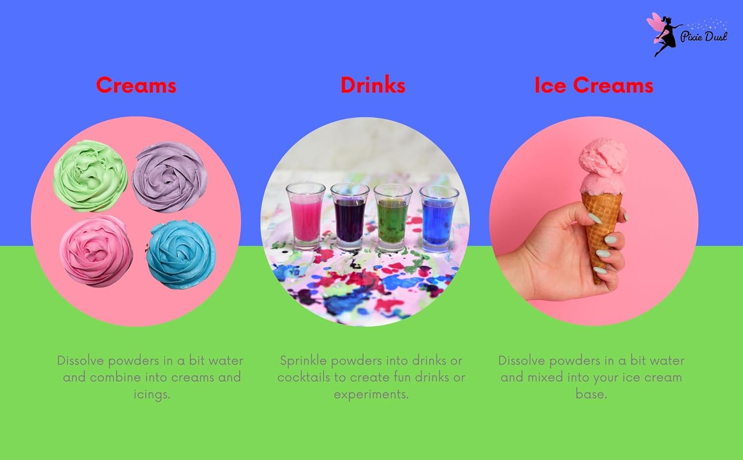 Dye-Free Food Coloring Powder set: Red, Blue, Green and Yellow. Plant-Based/All Natural/Non-Carmine/Non-Annatto/FLAVORLESS by PIXIE DUST (Large .35 oz Each Color 1.4 oz /44gr Total)