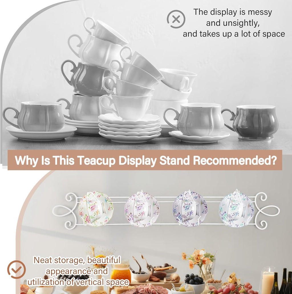 Blulu 2 Pcs 4-Tier Tea Cup & Saucer Display Stand - Horizontal Wall Mounted Organizer, Farmhouse White Brackets for Coffee Mugs/China Plates, Decorative Wall Plate Hangers, 45'' x 5.5''