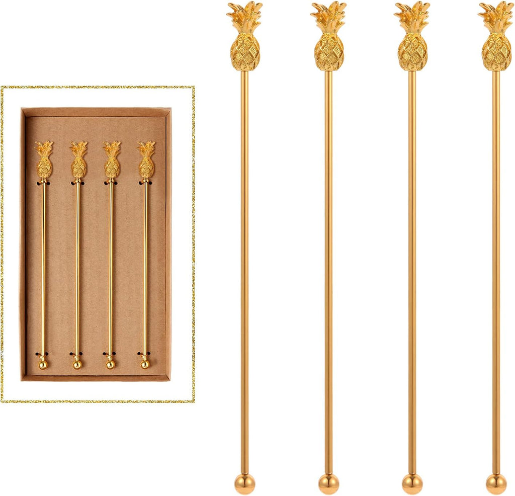 Pineapple Drink Stirrer Sticks Stainless Steel Coffee Beverage Stirrers，Set of 4 Cocktail Swizzle Stick,7.28", Gold