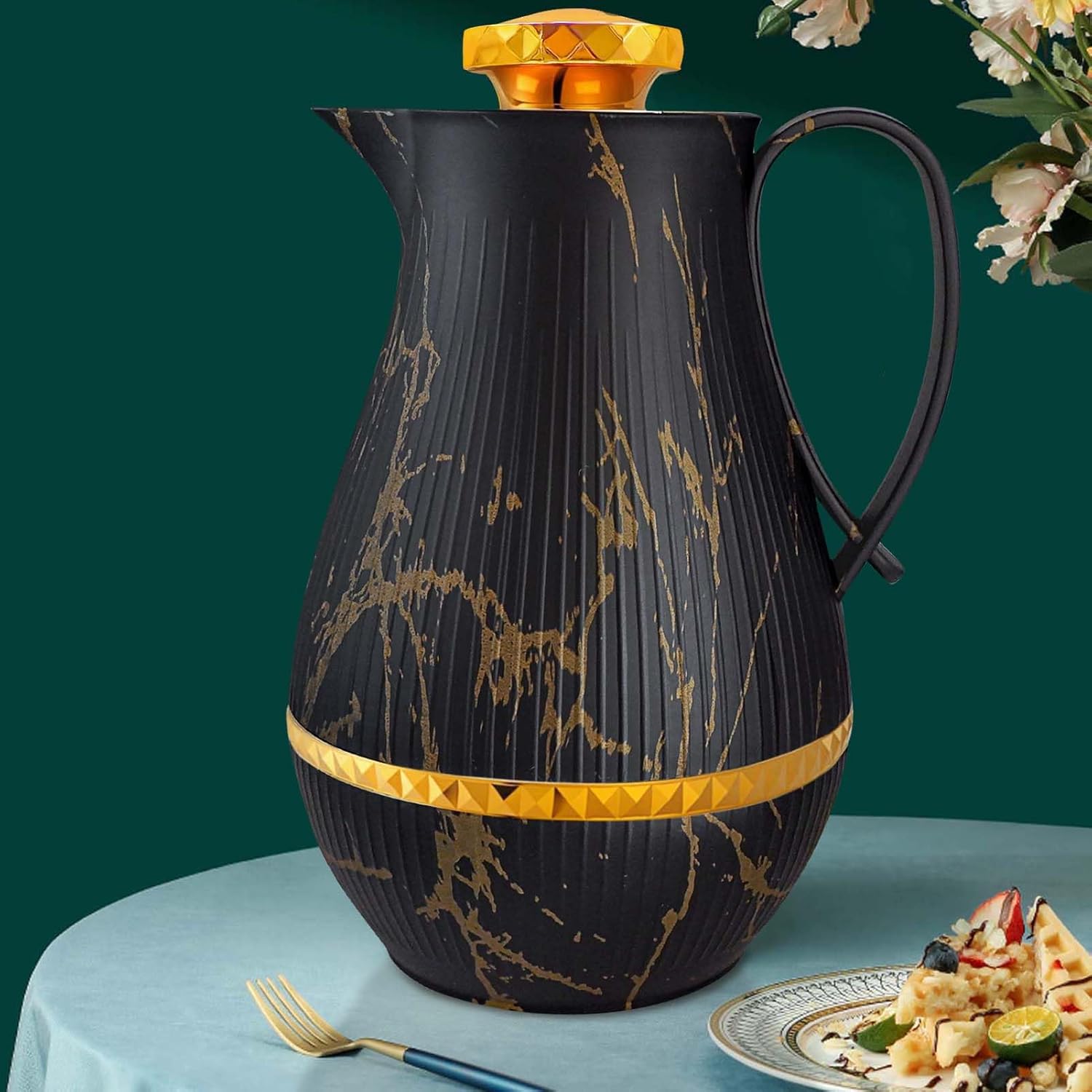 Insulated Thermal Coffee Carafe, 33 oz, Luxury Arabic-Style Insulated Carafe Flask, Coffee Tea Pot, with Spout and Glass Liner for Hot Cold Water, Housewarming Ornaments (Black and Gold)