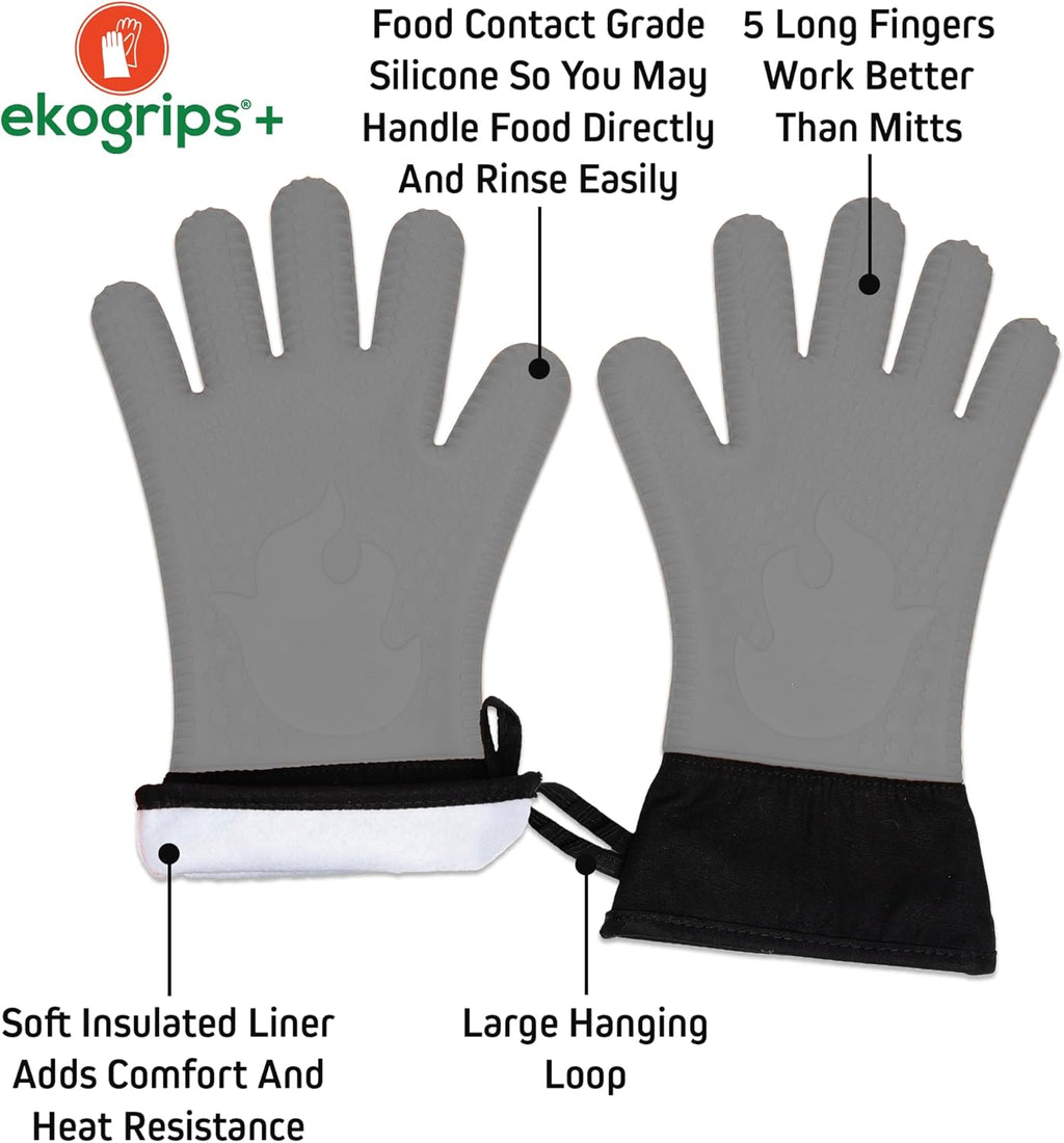 Ekogrips+ Premium Silicone Oven Mitts - Comfy, Waterproof, Heat Resistant BBQ Gloves for Grilling, Long Cuff for Added Protection, 5 Finger Dexterity, 3 Sizes, 4 Colors, S/M, Grey