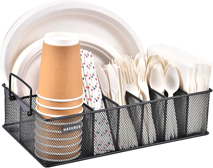 Silverware Organizer with Handle - Metal Utensil Caddy for Kitchen Counter, 7 Compartment for Plate, Cup, Napkin, Paper Plate Dispenser for Party, Picnic