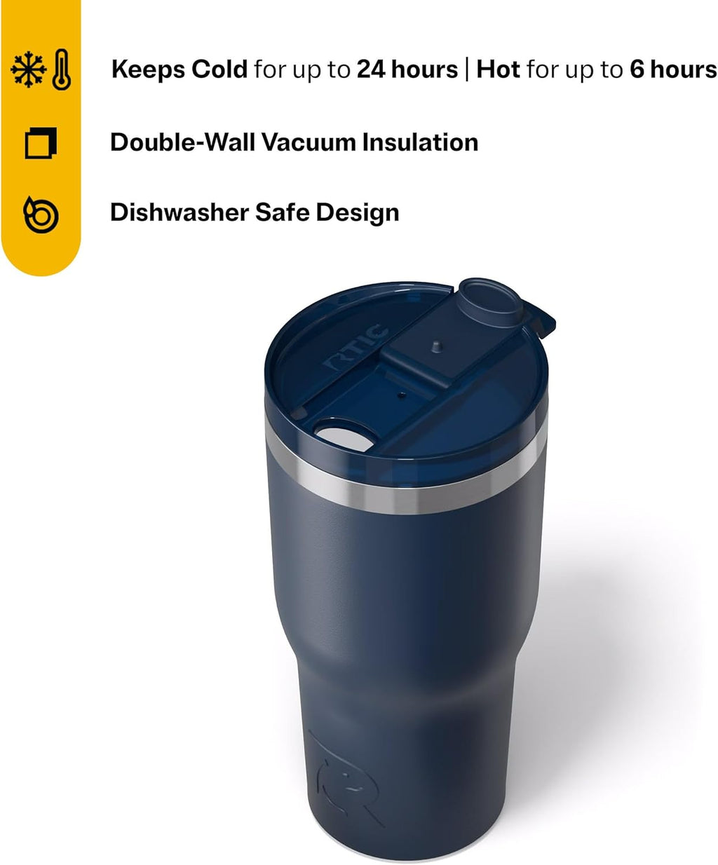 RTIC 30oz Essential Tumbler with Lid, Insulated, Stainless Steel, Metal, Double Wall Vacuum-Insulation, Ceramic Lined, Travel Cup for Iced Coffee, Tea, Hot and Cold Drink, Navy
