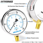 MEANLIN MEASURE 0~100Psi Stainless Steel 1/4" NPT 4" FACE DIAL Liquid Filled Pressure Gauge WOG Water Oil Air Lower Mount, with 1/2" NPT and 3/8" NPT Hex Bushing