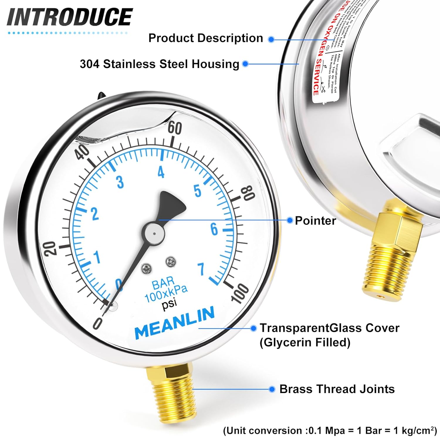 MEANLIN MEASURE 0~100Psi Stainless Steel 1/4" NPT 4" FACE DIAL Liquid Filled Pressure Gauge WOG Water Oil Air Lower Mount, with 1/2" NPT and 3/8" NPT Hex Bushing