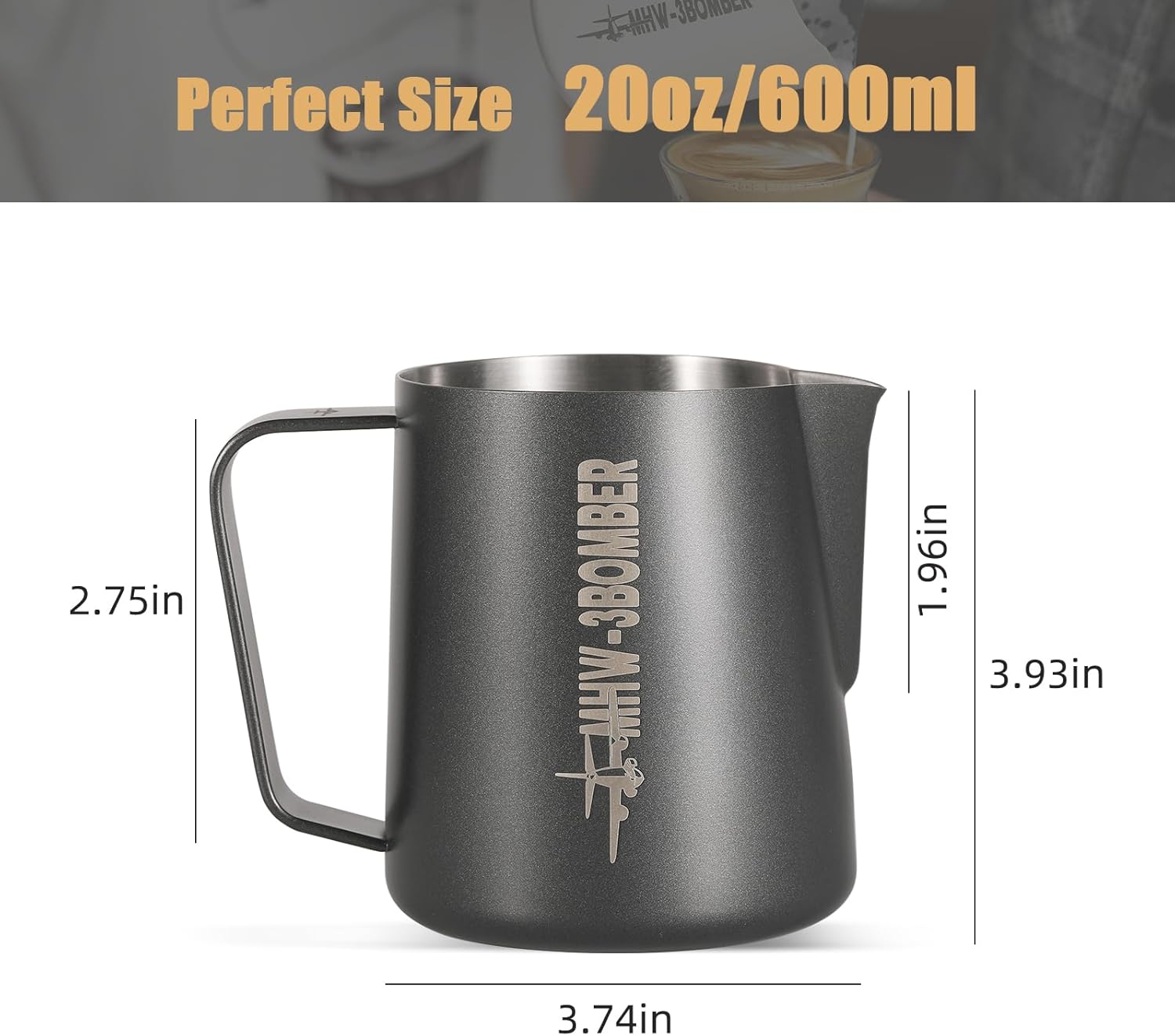 MHW-3BOMBER Milk Frothing Pitcher, 16oz/450ml Milk Frother Cup for Barista, SUS304 Stainless Steel Espresso Steaming Pitchers for Milk/Coffee/Latte Art, Matte Black, P3025B-OS