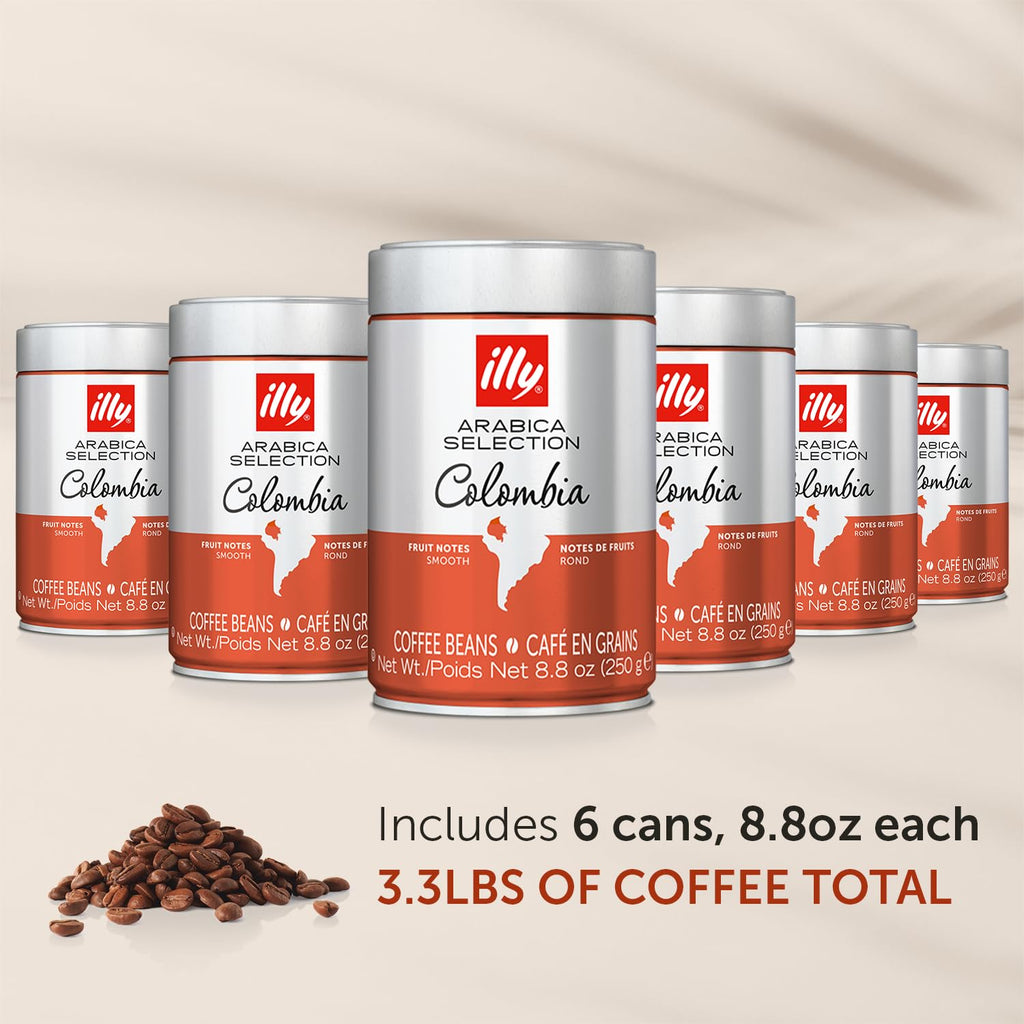 illy Whole Bean Coffee, Arabica Selections, Colombia, Single Origin, Smooth with Notes of Citrus Fruits, 100% Arabica Beans, All-Natural, No Preservatives, 8.8 Ounce Can (Pack of 6)