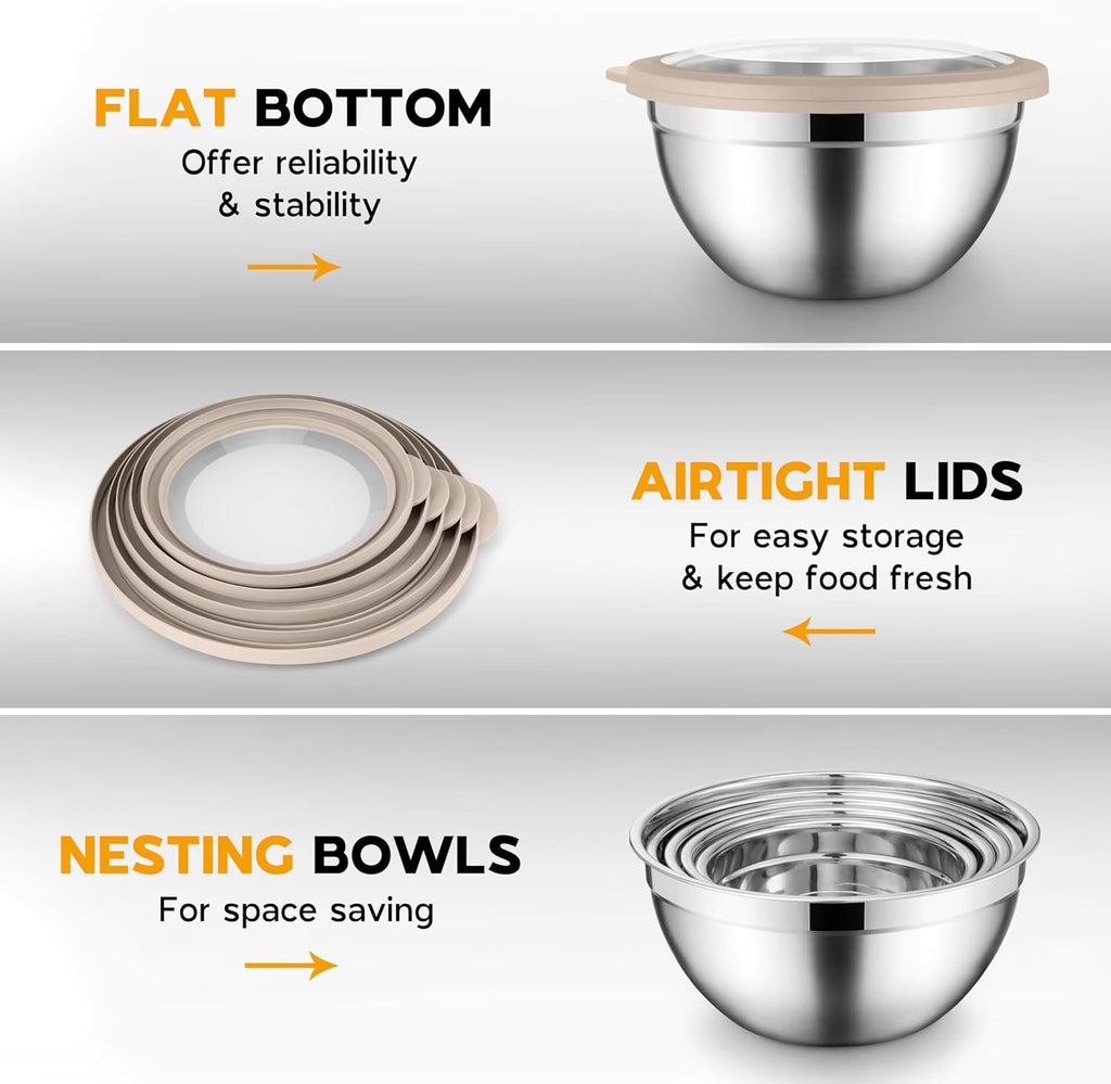 Mixing Bowl Set of 5 for Kitchen, Stainless Steel Metal Nesting Mixing Bowls with Khaki Lids – Size 1.5, 2, 2.6, 3.5, 4.6QT