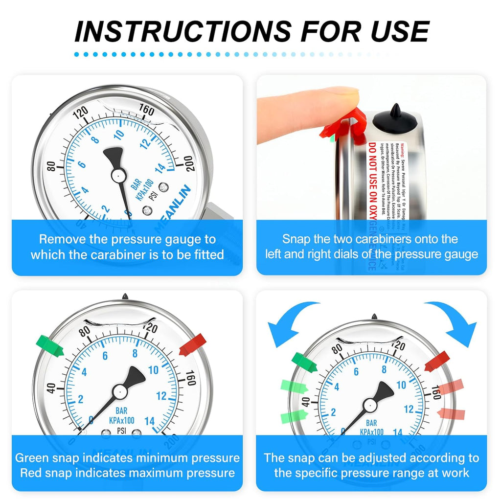 MEANLIN MEASURE 0~200Psi Liquid Filled Pressure Gauge Stainless Steel with 316 Stainless Steel Joint 1/4" NPT 2.5" FACE DIAL for Air Compressor Air Regulator Water Filter Lower Mount, with 2PCS Snaps