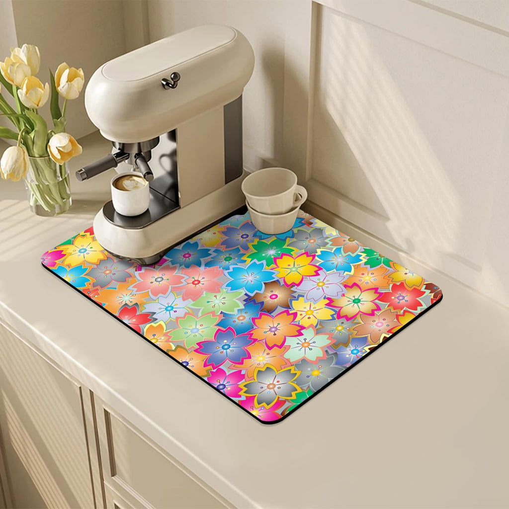 Coffee Mat for Kitchen Counter - Hide Stain Absorbent Dish Drying Mat, Rubber Coffee Bar Mats, Drying Pads, Accessories Fit Under Tea Pot, Cafe Maker, Espresso Machine, Dish Rack, 19"x12", Flowers