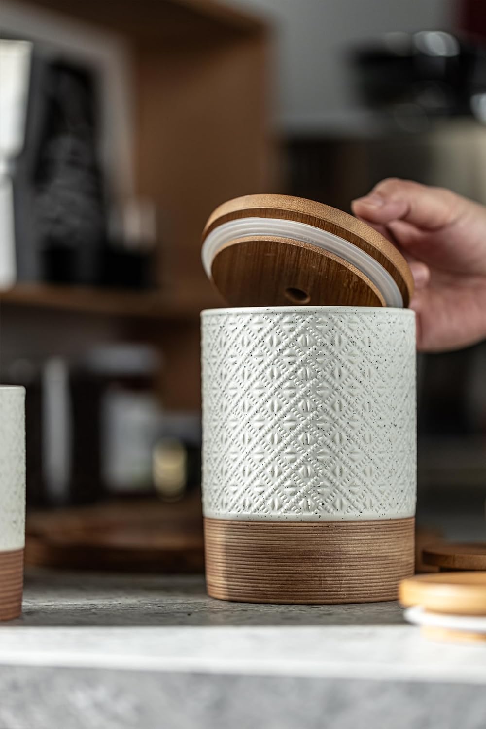 Large Coffee Containers with Lids, Ceramic Coffee Canister Kitchen Food Storage Cookie Jars with Airtight Lid for Spice Sugar Tea Candy, Stackable Decorative Jars for Counter - White 28 fl.oz