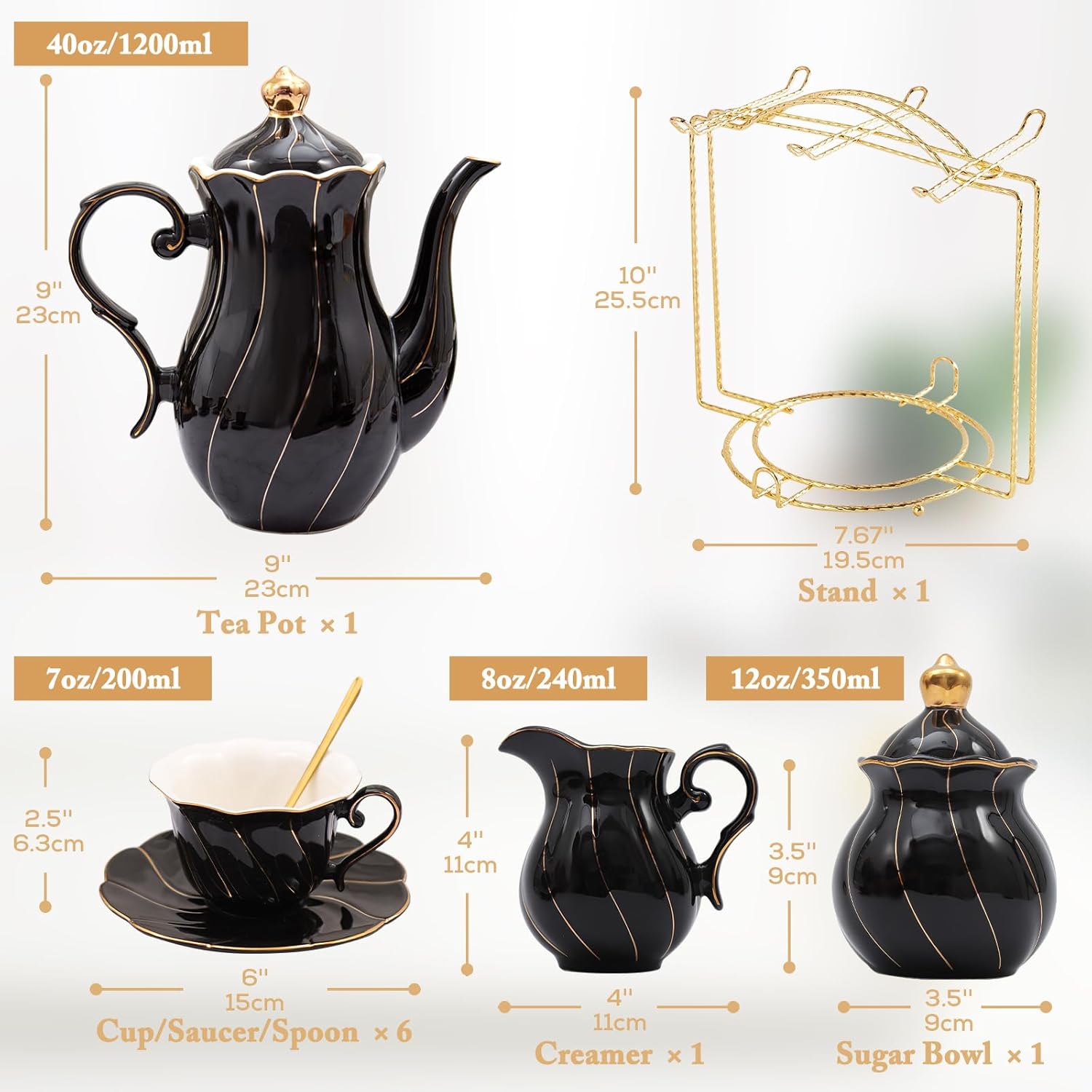 DUJUST 22 pcs Porcelain Tea Set for 6, Luxury British Style Tea/Coffee Cup Set with Golden Trim, Beautiful Tea Set for Women, Tea Party Set, Gift Package (Including a Stand) - Black