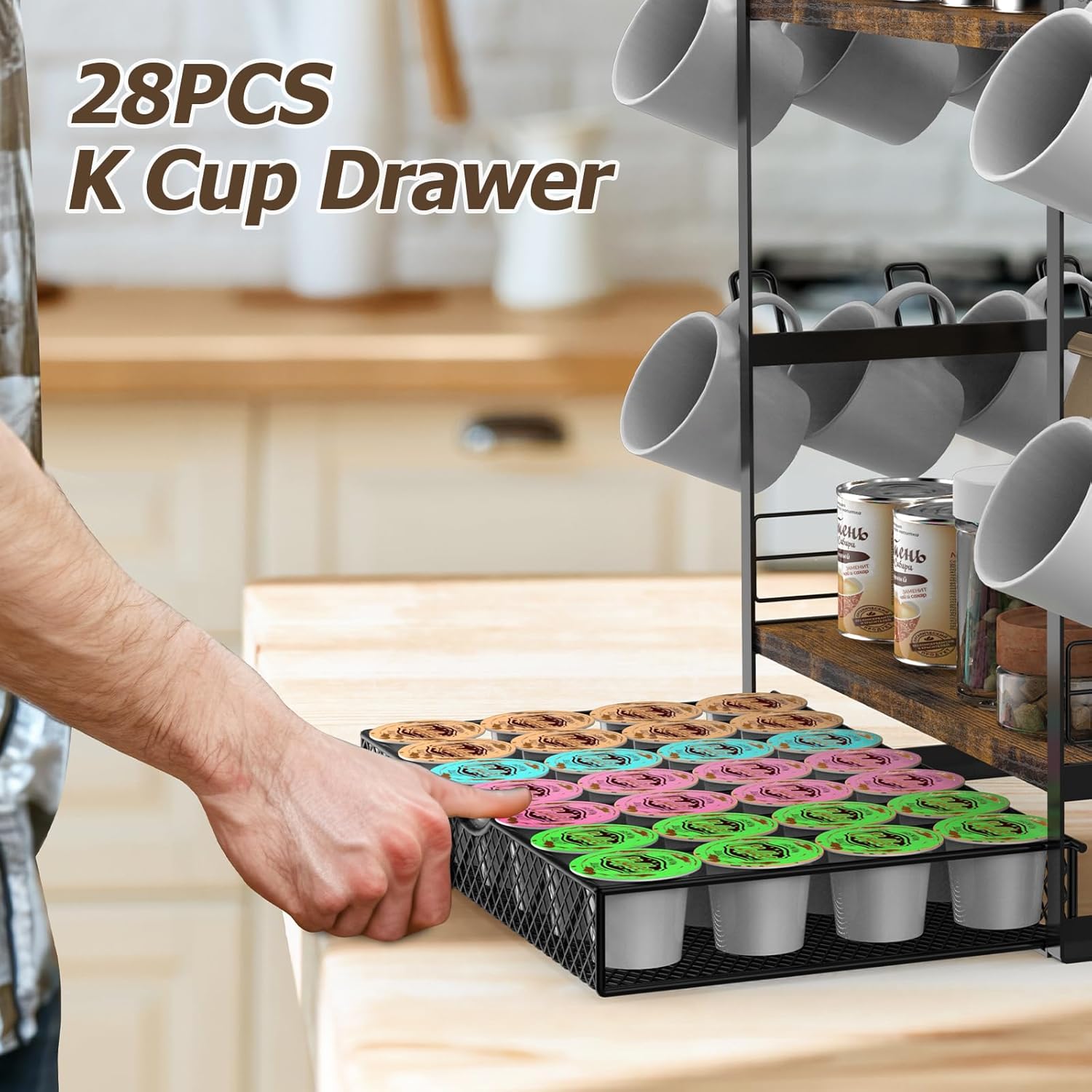 Coffee Station Organizer, 3 Tier Bar Organizer for Countertop, Mug Cup Holder Stand With 12 Hooks and 28 K Cup Storage for Kitchen, Home & Office, Rustic Brown