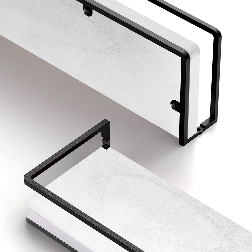 Meangood Floating Shelves Wall Mounted Set of 2, Wall Shelf with Towel Bar Rustic Wood Wall Storage Shelves for Bedroom,Living Room,Bathroom, Kitchen White